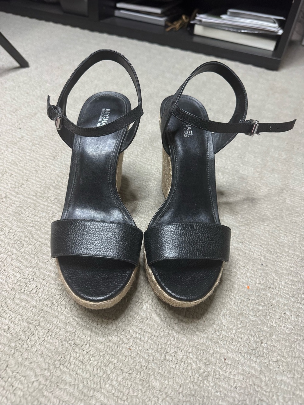 Michael Kors Black Leather Espadrille Wedge Sandals with Ankle Strap